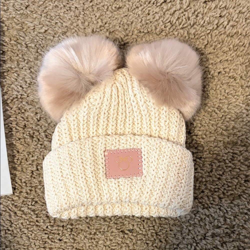 Disney Cream Knit Beanie with Pink Pom Poms